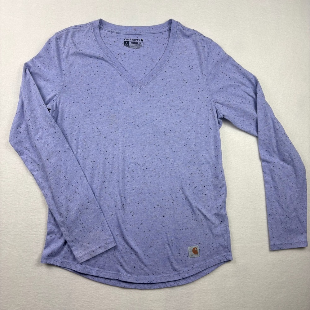 Carhartt Long Sleeve Shirt Women M Purple Speckled V-Neck Relaxed Fit Workwear